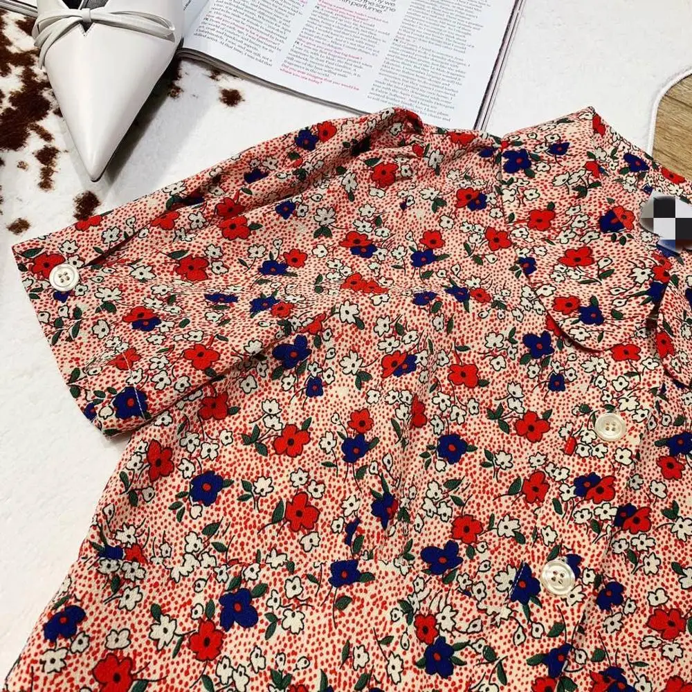 

Women Dress 2021 Spring/Summer turn-down collar Vintage Waist Lapel Pink Print Midi Dress