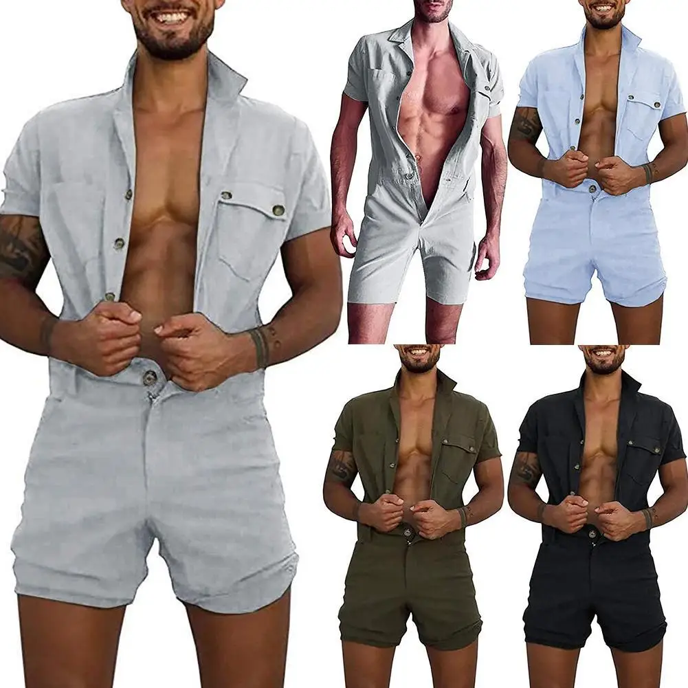 

80% Hot Sales!!! Men Solid Color Short Sleeve Pockets Button Jumpsuit Romper Overall Work Clothes
