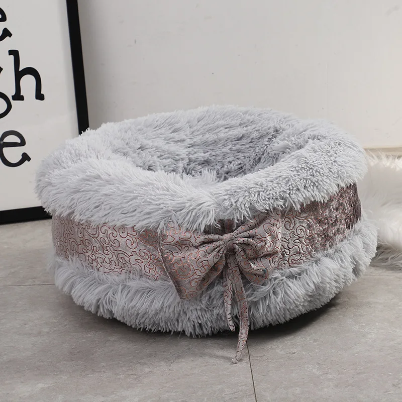 

Long Plush Super Soft Dogs Beds With Bow Pet Kennel Lounger Fluffy Cat House Winter Warm Sofa Basket for Small Medium Large Dogs