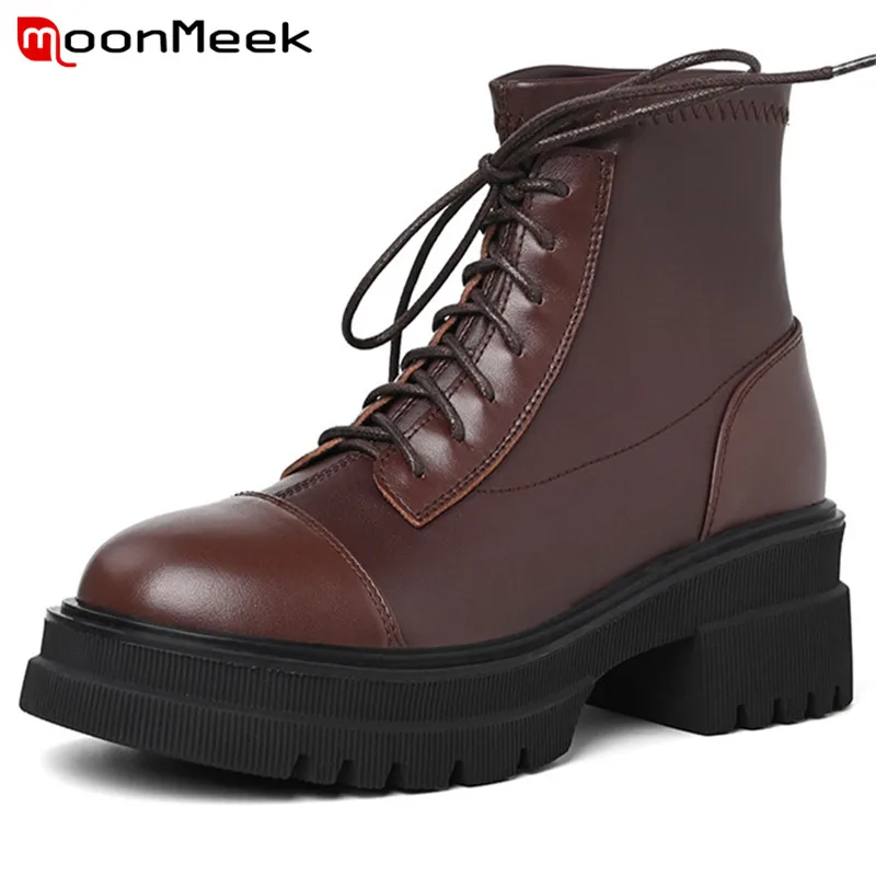 

MoonMeek 2021 Hot Sale Winter Boots Women Shoes Genuine Leather +Pu Square Heel Platform Shoes Comfortable Ankle Boots Female