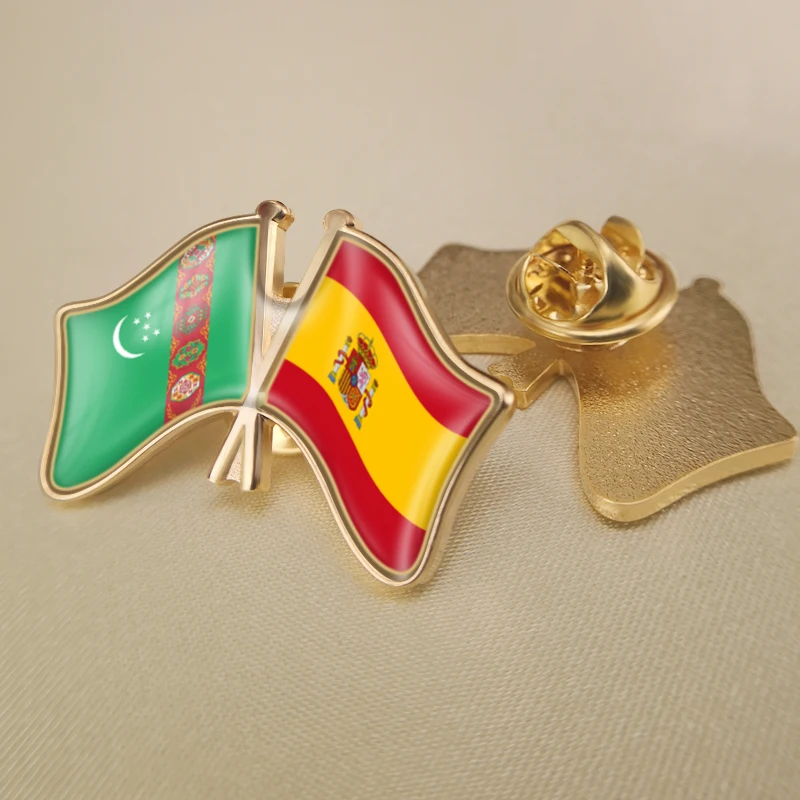 

Turkmenistan and Spain Crossed Double Friendship Flags Lapel Pins Brooch Badges