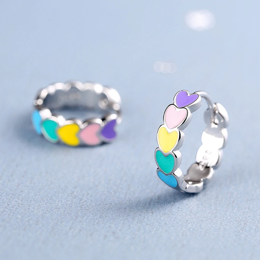 

2 Pc Cute Rainbow Enamel Heart Piercing Earrings Multicolor Romantic Huggies Hoop Earrings for Women Girl Wedding Party Jewelry