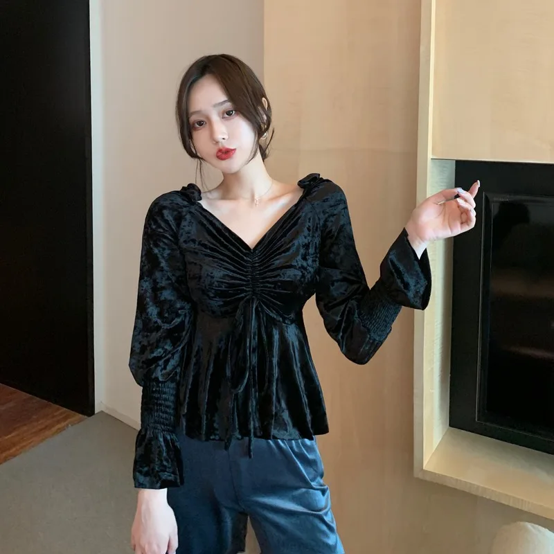 

velour women shirts vintage autumn style long sleeve Slim crop top blusas mujer de moda new ladies tops fashion brand Blouses
