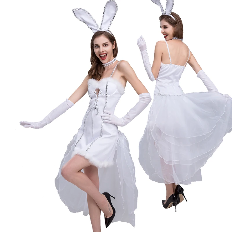

Carnival Halloween Lady White Bunny Girl Costume Tuxedo Rabbit Nightclub Playsuit Cosplay Fancy Party Dress
