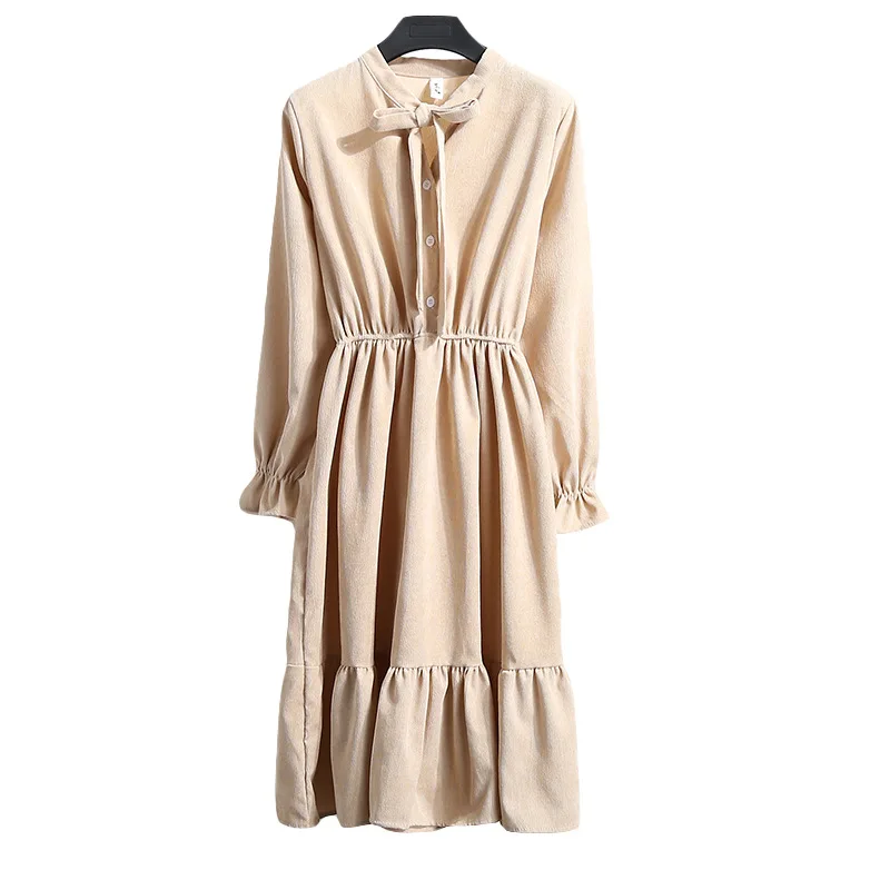 Платье женское вельветовое с бантом на воротнике однотонное винтажное