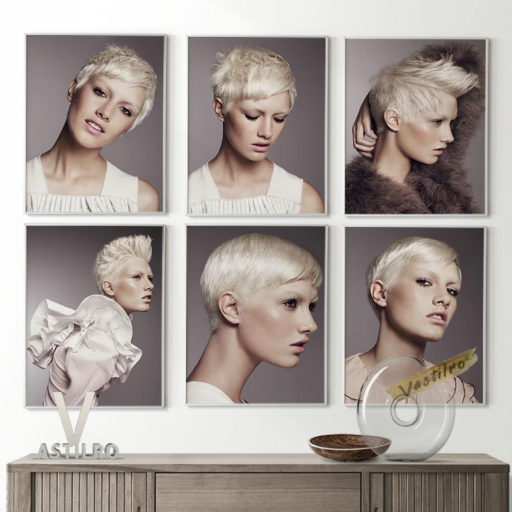 

Female Model Short Hair Style Exhibition Poster Barber Shop Art Prints Wall Stickers Modern Minimalist Fashion Wall Art Decor