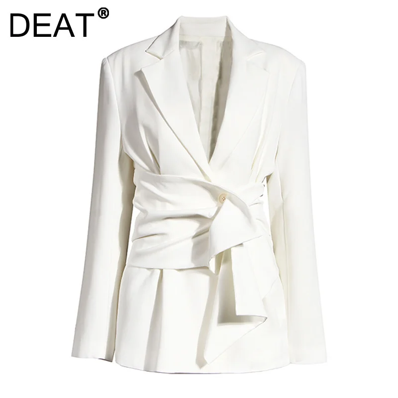 

DEAT 2021 New White Notched Collar Full Sleeves Slim High Waist Sashes fall And Autumn Office Lady Blazer Female Top WO035