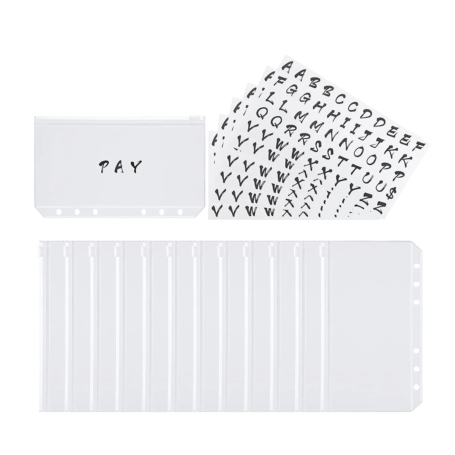 

12pcs Binder Pockets A6 Size 6 Holes Zipper Binder Pouch for Loose Leaf Notebook and 6PCS 26 Categories Letter Sticker Labels