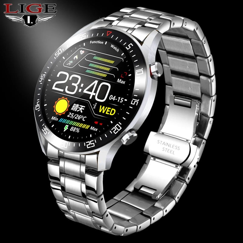 LIGE Новые смарт часы для мужчин Полный Круглый сенсорный дисплей IP68