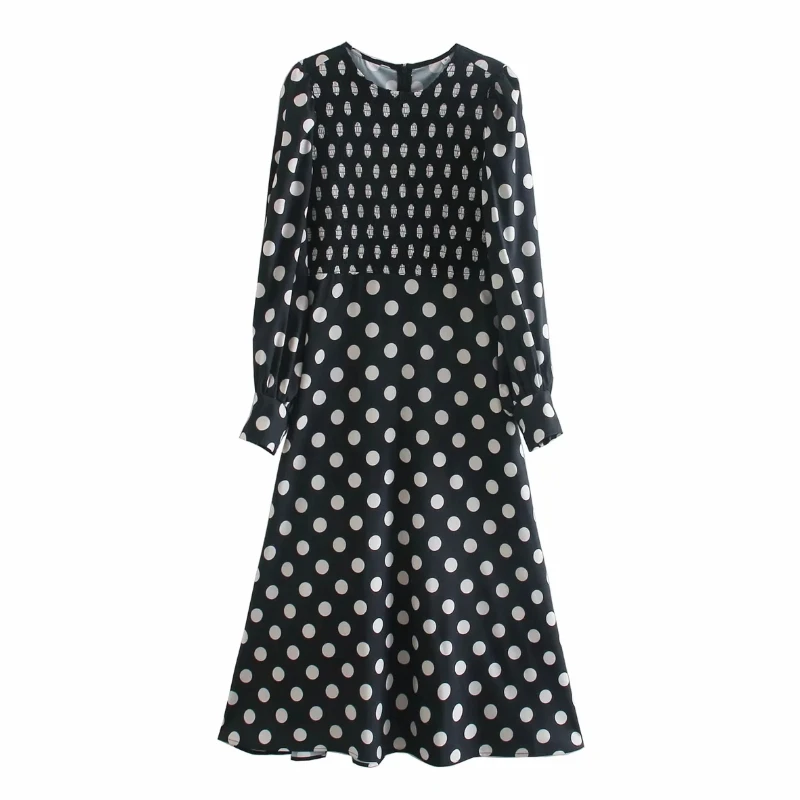 

Women Dot Printing O Neck Elastic Midi A-Line Dress Casual Female Lantern Sleeve Clothes Lady Loose Vestido D6855