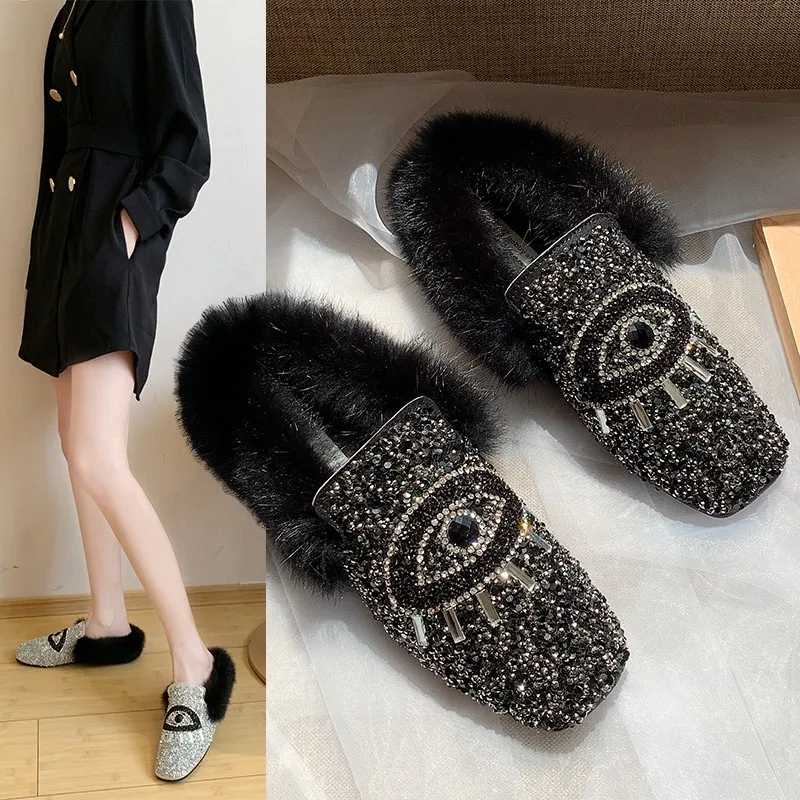 Блестящие меховые плюшевые туфли с большими глазами зимние женские на плоской