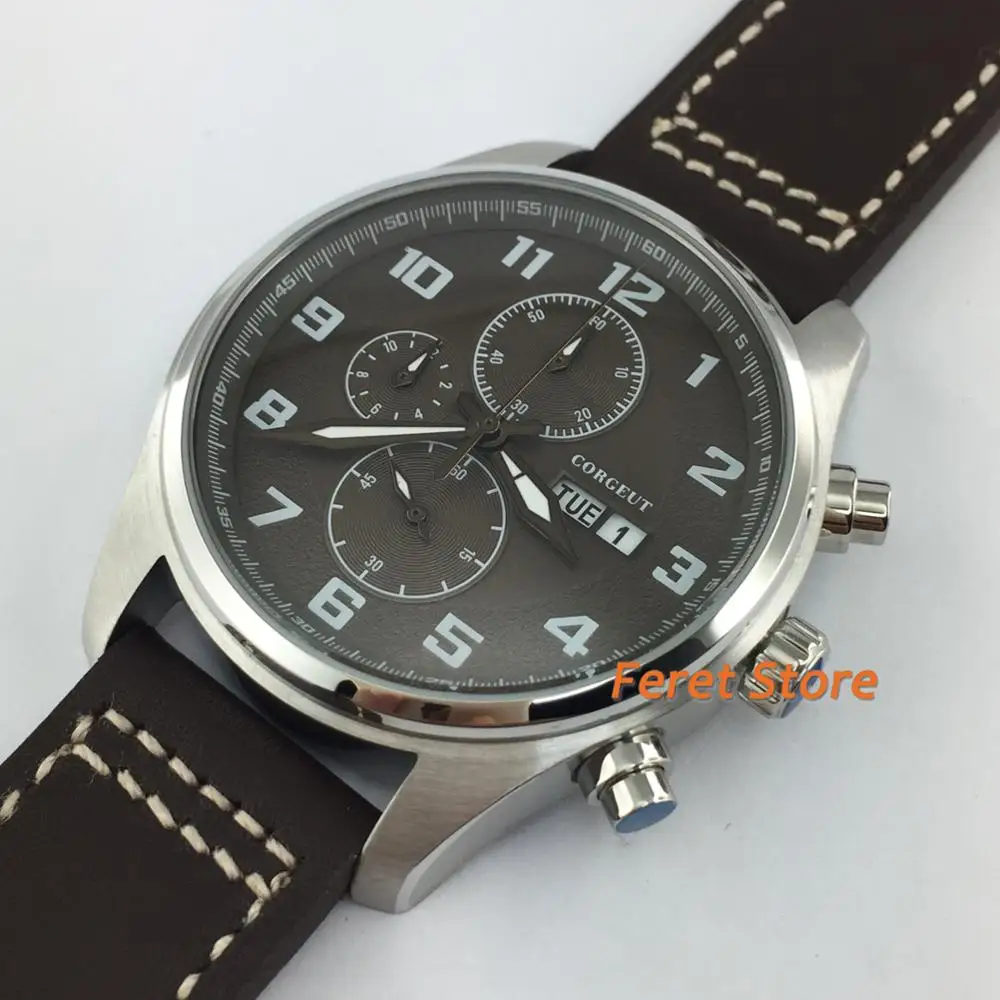 Corgeut 41mm Business chronograph watch silver steel case Luminous hands brown dial date week leather strap men's quartz watch