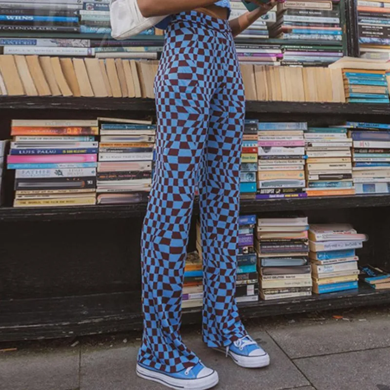 

Plaid Printed Knitted Women Wide Leg Pants High Waist Slim Casual Female Trouser 2021 Summer Streetwear Fashion Ladies Bottoms