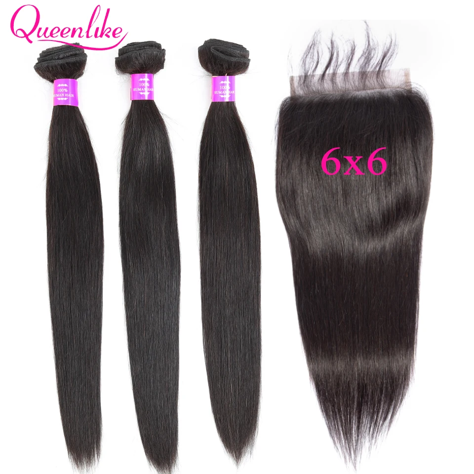 

Big Size 6x6 Lace Closure And Bundles Queenlike Peruvian Non Remy Human Hair Weave Weft 3 Straight Hair Bundles With Closure