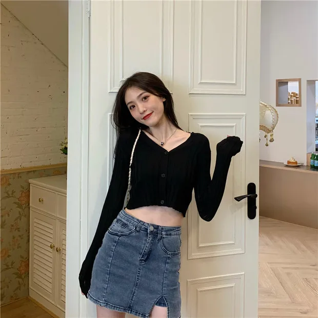 

Ice Silk Sweater Women's Summer Thin Slim Fit Slimming Sunken Stripe High Waist Top Long Sleeves Cropped V-neck Short Cardigan