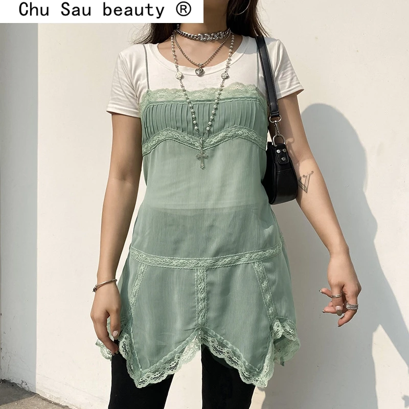 

New Fashion Summer Sweet Chic Solid Chiffon Mini Dress Women Sexy Style Lace Patchwork Sling Dresses Female Vestidos