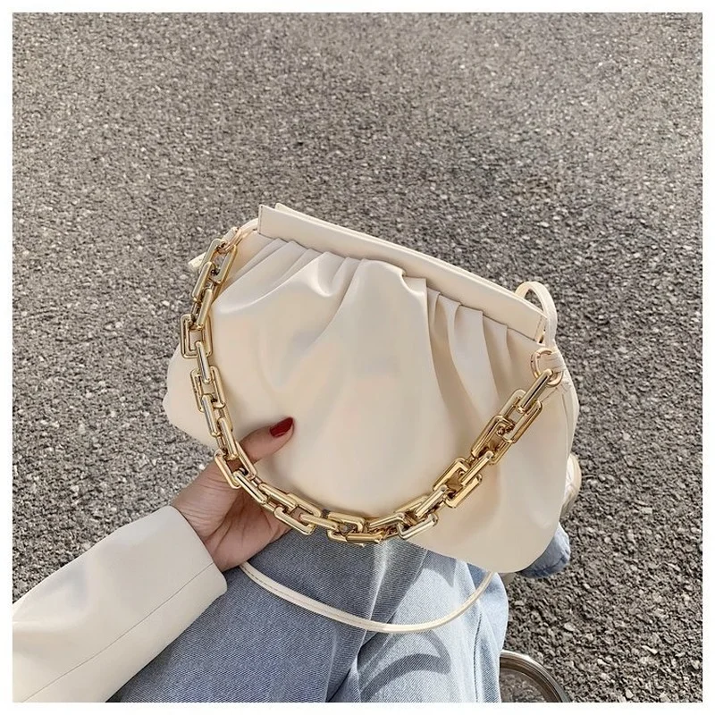 

New Thick Chain Shoulder Bags For Women pu Leather Pleated Cloud Bag Simple Crossbody Bag Casual Ladies Baguette Bag Designer