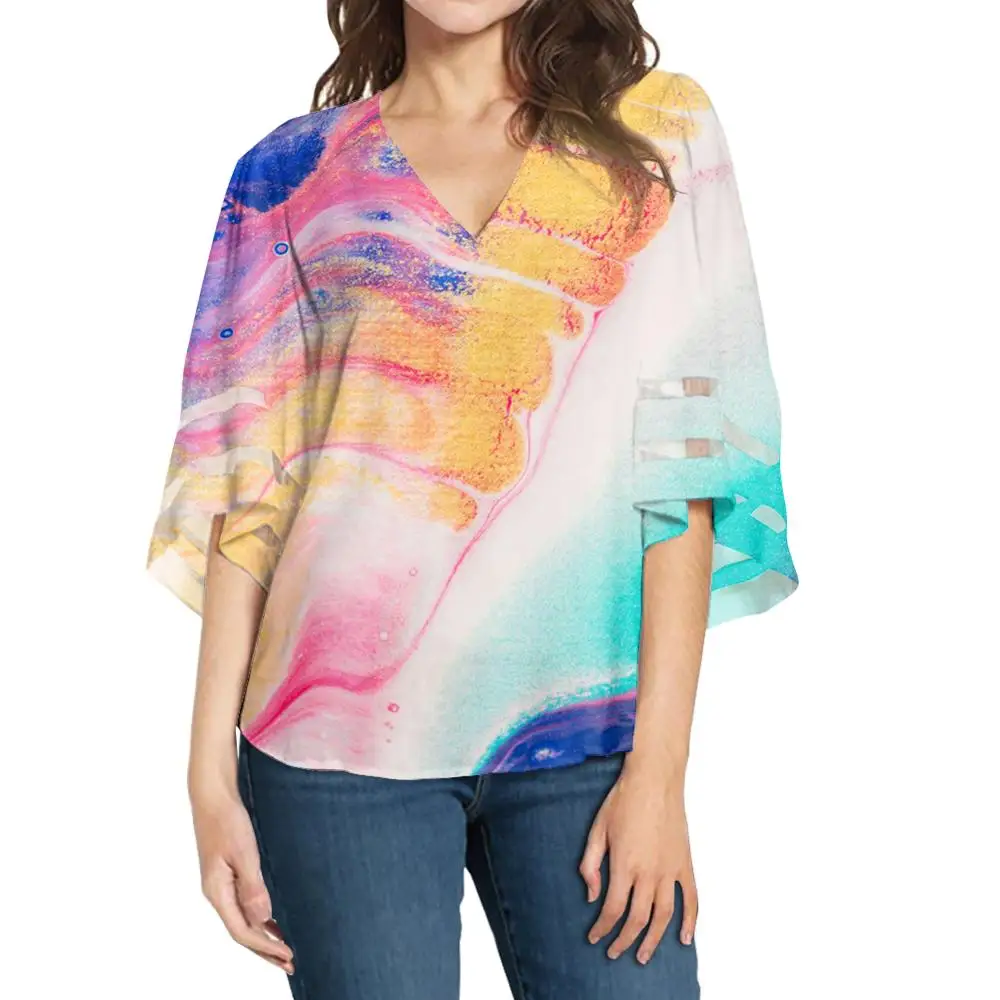 

NOISYDESIGNS Gradient Color Graffiti Women Blouses Long Sleeve Blouse Loose Tunic V Neck Shirts Ladies Chiffon Blouse Sexy Tops