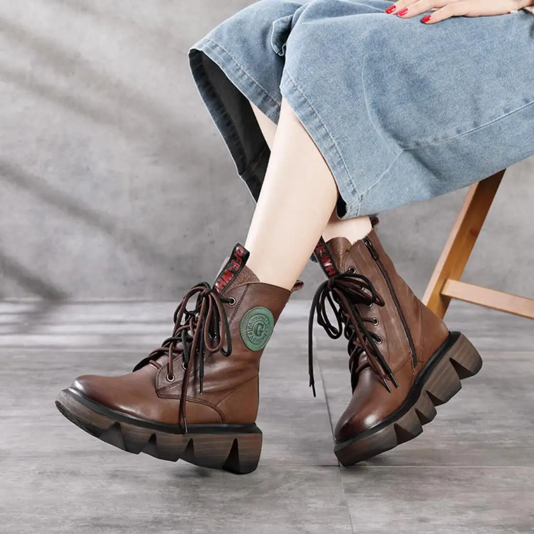 Koovan Women's Boots 2021 Autumn And Winter Retro National Style Boots Patchwork Handmade Real Leather Shoes Women's Shoes