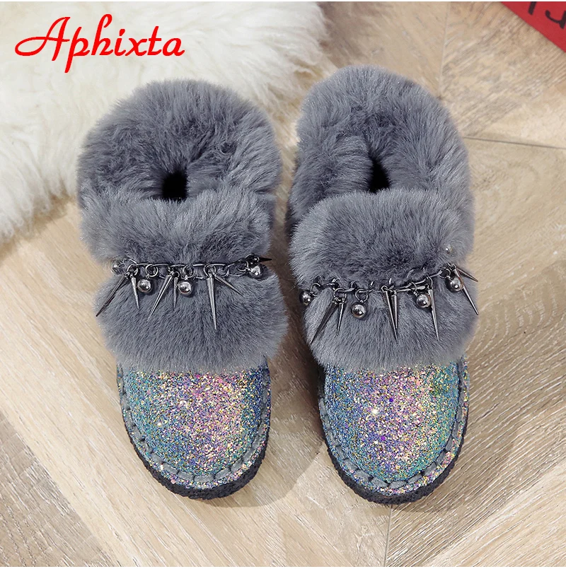 Сапоги aphixta; женские зимние ботильоны на плоской подошве; теплая женская обувь на платформе; женские меховые сапоги с круглым носком и металлической бахромой; Botas Mujer