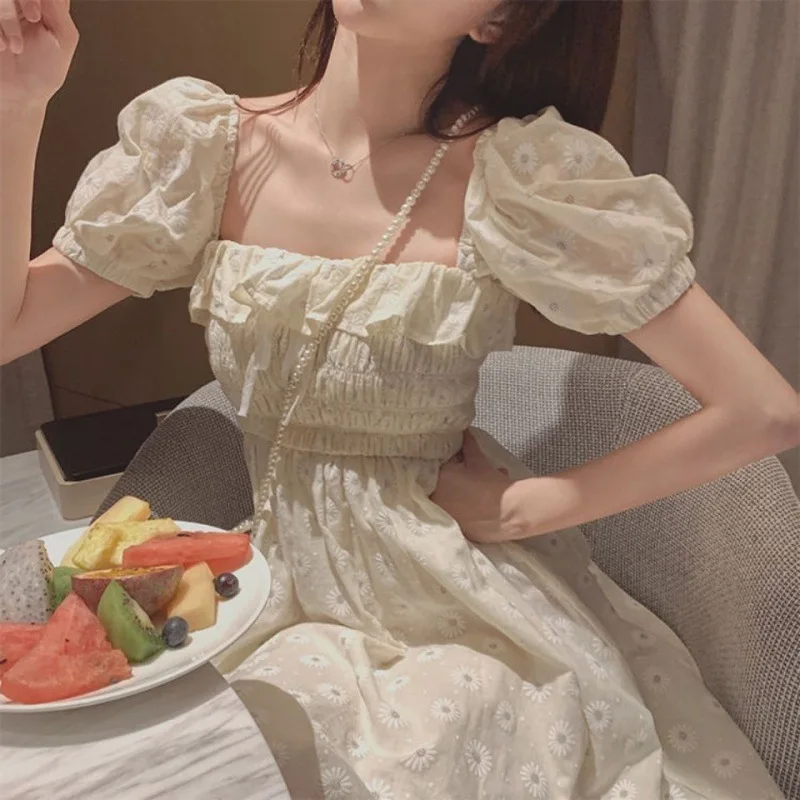 

Sexy Ruffles Women Puffed Sleeves Dress Square Neck Bow Slim Waist Floral Dresses New 2020 Summer Girls Princess Pleated Dresses