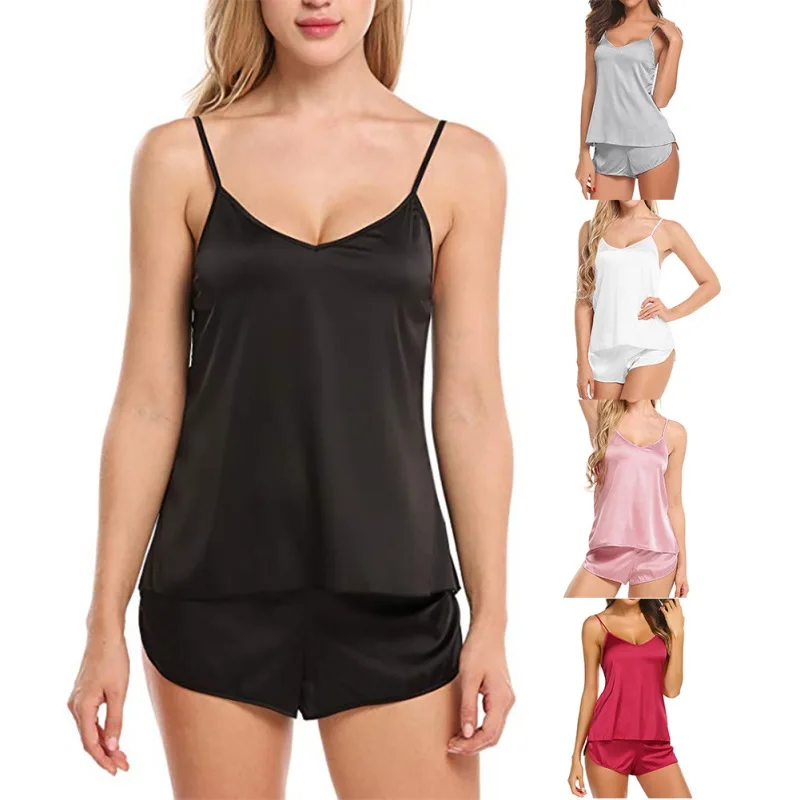 

2PC/Set Ladies Sexy V-neck Pyjamas Women Pijama Mujer Camisole Sleeveless Solid Color Pajama Set Sleepwear Lingerie