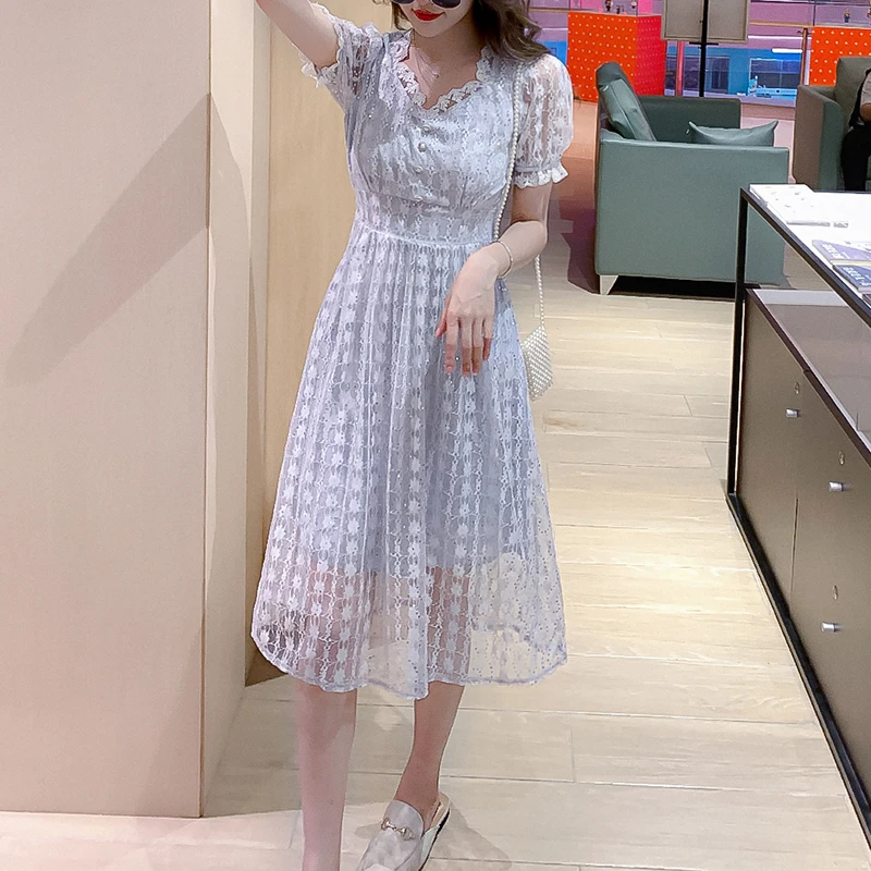 

Women New Blue Lace Short Sleeve Dress Summer French V-Neck Puff Sleeve High Waist Elegant Party A-Line Dress