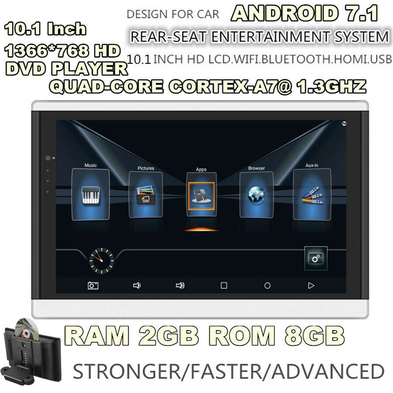 10 1 дюймов Hd Android 7 подголовник автомобильного сиденья четырехъядерный Wifi Fm