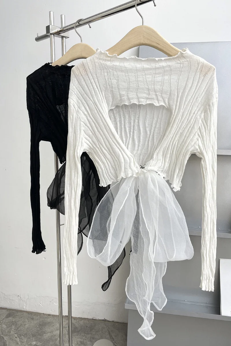 

DEAT 2021 new summer fashion women clothes round neck full sleeves striped hollow out back short top female mesh patchwork