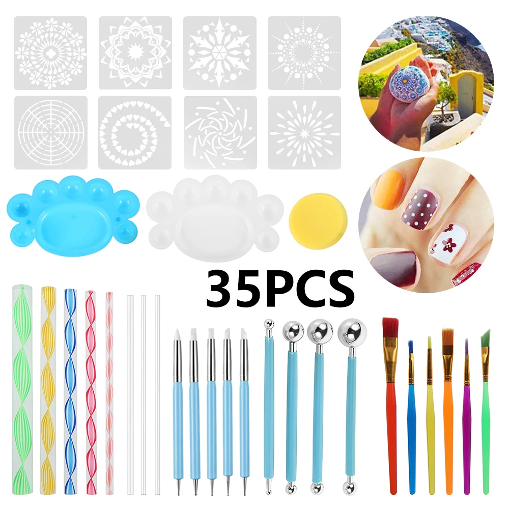 

35PCS Mandala Dotting Tools Set Pen Dotting Tools Mandala Stencil Ball Stylus Paint Tray for Painting Rocks, Coloring, Drawing