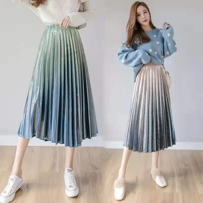 

2021 Spring Women Long Skirts Chic Brand A-Line Women Pleated Skirts High Waist Gradient Glitter Midi Skirt Faldas Mujer Saias