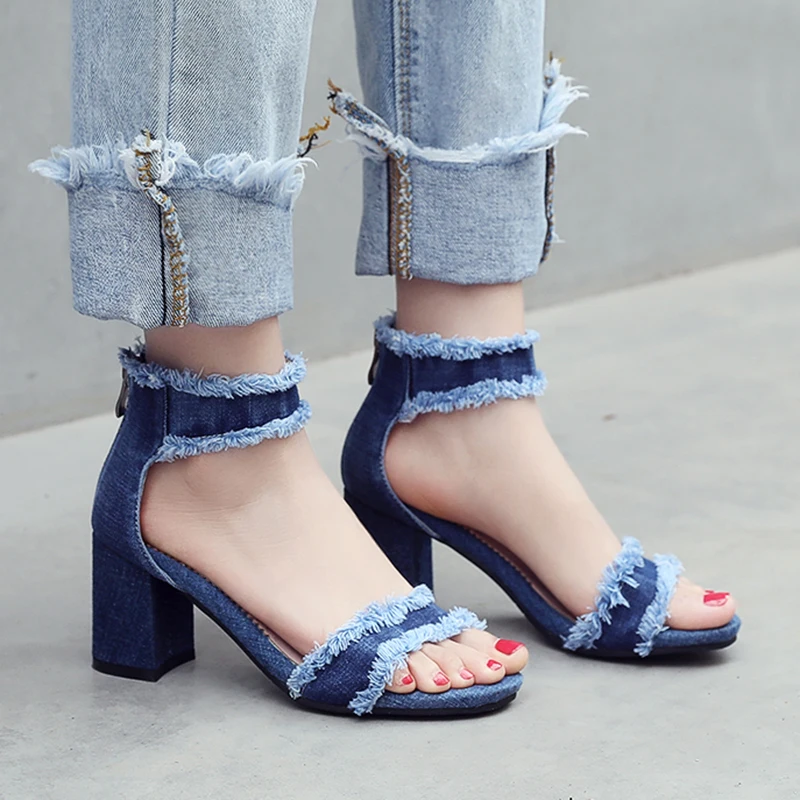 

Women's Strappy Sandals Shoes Denim Zip Open Toe Square Heel Comfort Casual Work Shoes