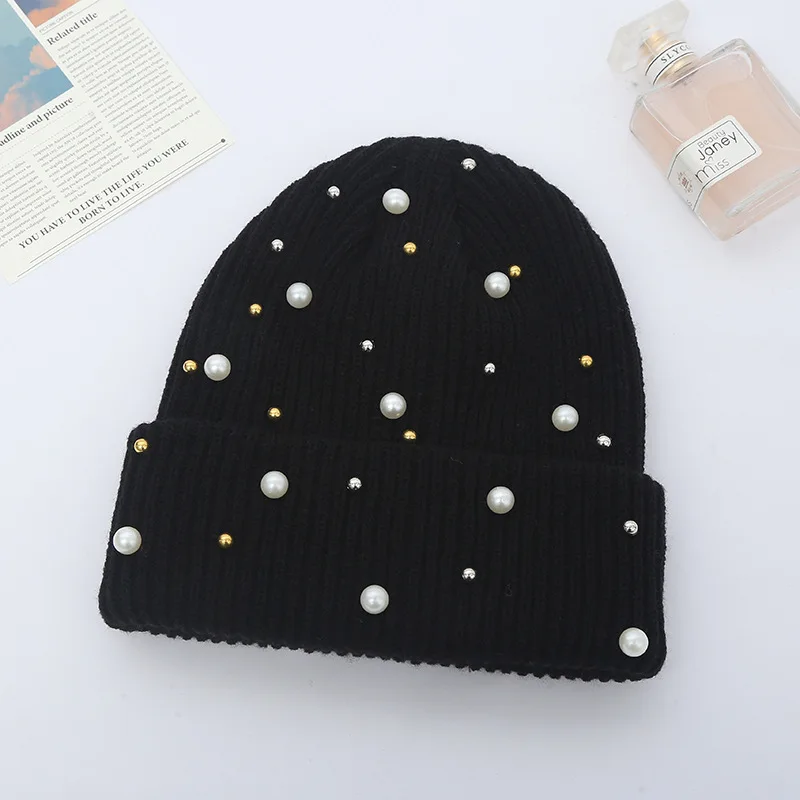 

Women's Crimping Pearls Beanies Beads Beanie Autumn Knitted Hats Outdoor Warm Skullies Cap Elastic Bonnets Winter Hats For Women
