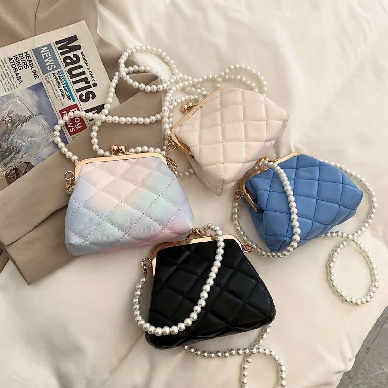 

2021 Brand Designer Plaid Quilted Women's Crossbody Bag Fashion Pearl Messenger Bag Small Square Lady Shoulder Bag