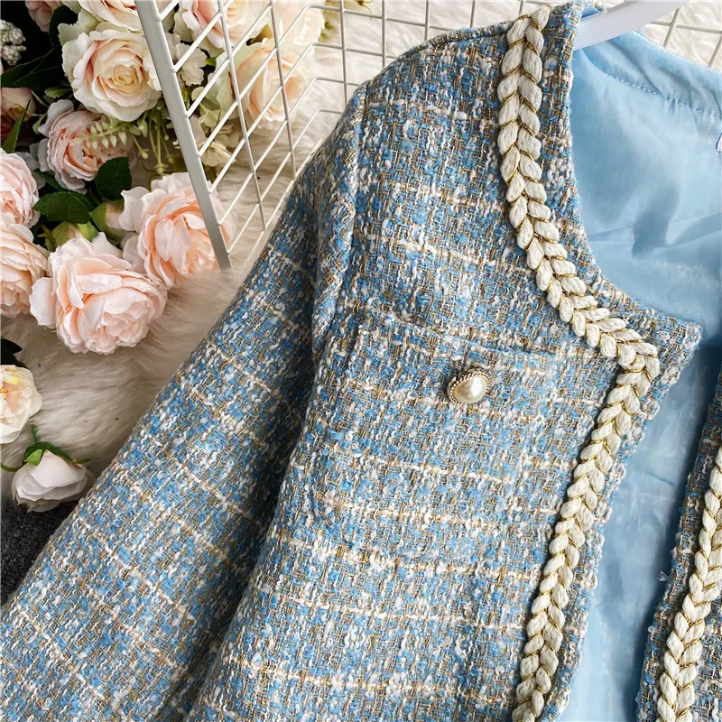 

New Retro celebrity professional suit Women tweed small fragrant short coat + high waist bag hip skirt elegant two-piece Female