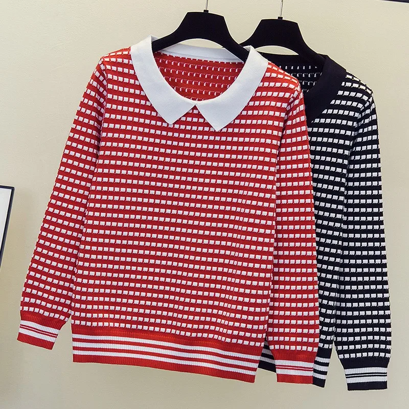 

Spring 2021 New Women's Peter Pan Collar Knit Long-Sleeved Sweater Plus Size XL-4XL Women Lapel Loose Plaid Pullover Base Shirt