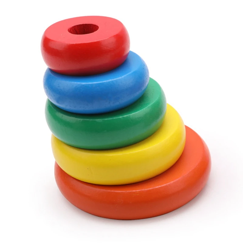 

Kids Wooden Rainbow Tower Ring Stack Up Children Building Blocks Stacking Toy Baby Colorful Tower Educational Toys