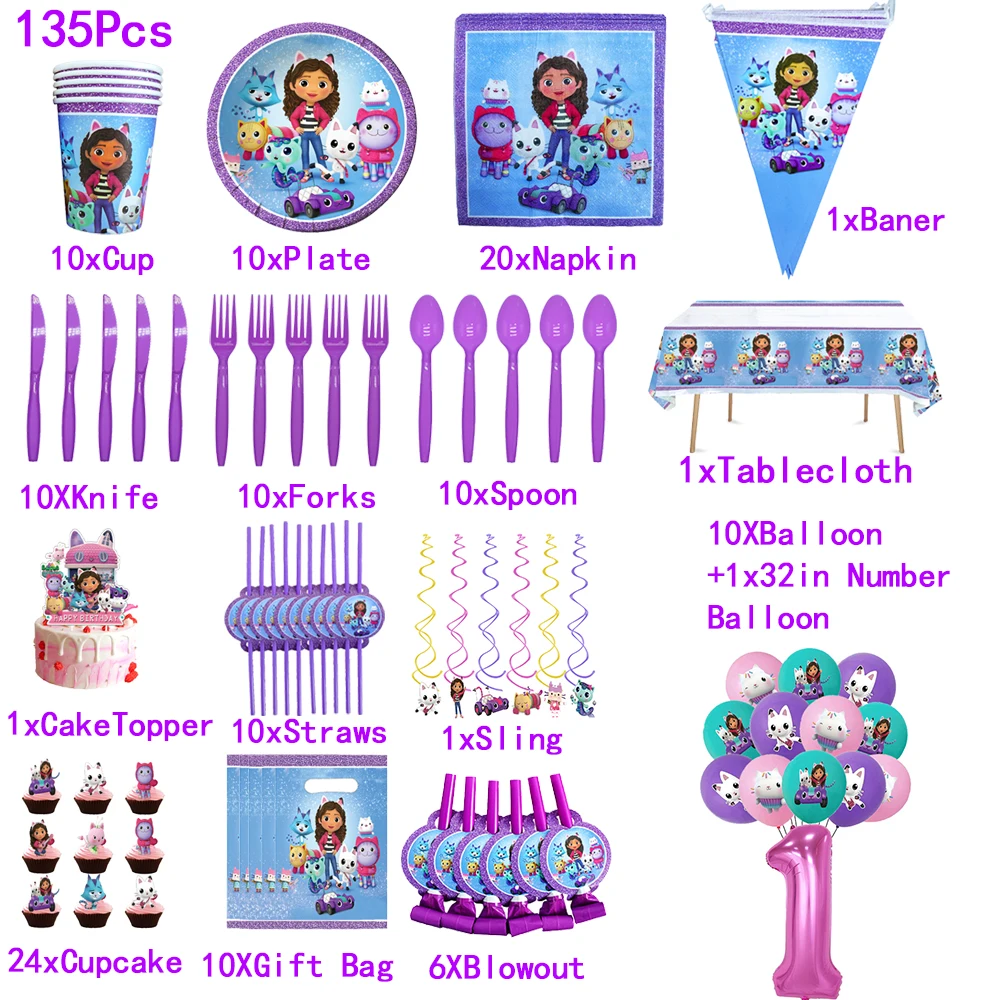 gabby dollhouse suit girls birthday party number balloon 1 2 3 decor cutlery set cups plates baby shower gifts doll house suppli free global shipping