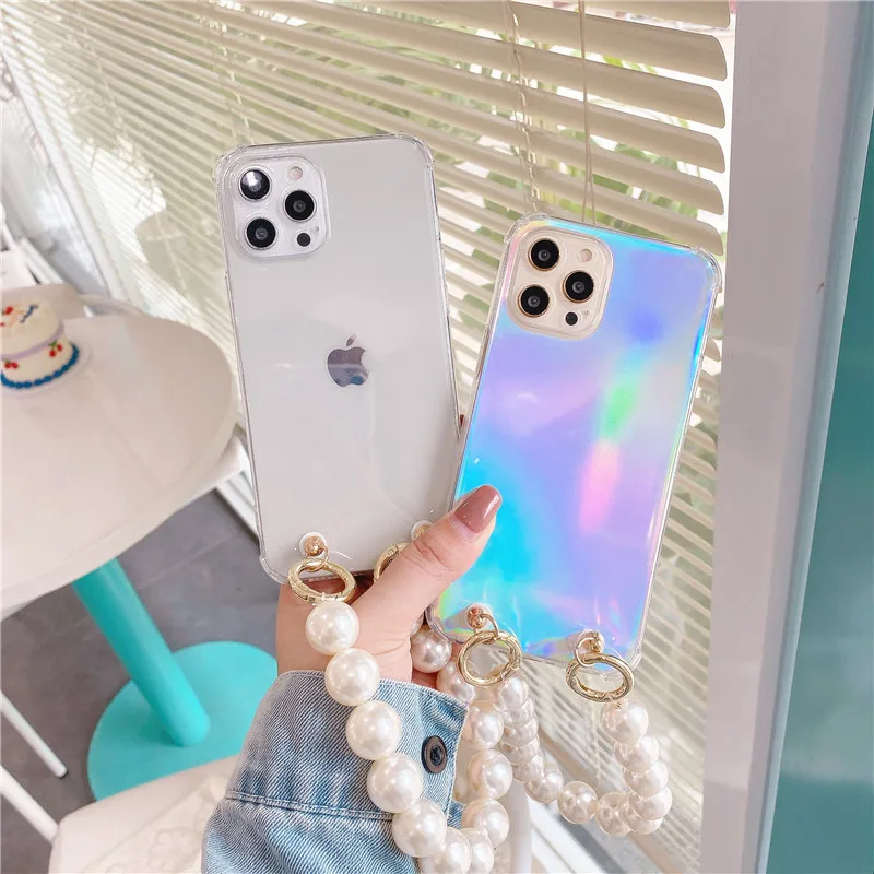 

Laser Clear Bracelet Phone Case For iPhone 12 11 Pro Max XR XS Max 6 7 8 Plus SE 2020 Transparent Pearl Chain Hanging Back Cover