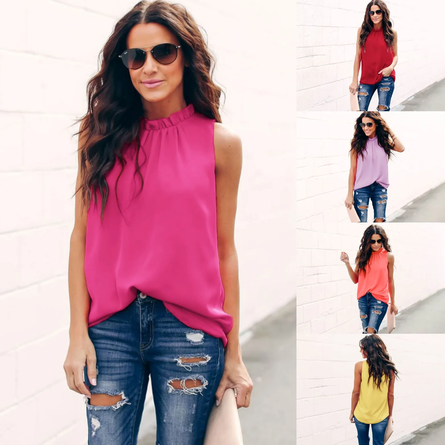 Женская футболка без рукавов Повседневная однотонная розовая со стоячим