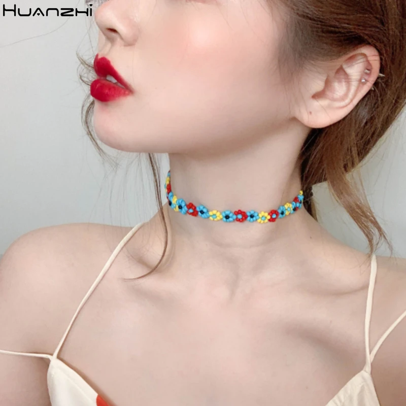 HZ Korean 2019 New Colorful Flower Clip Multi-layer Heart Pendant Chain Metal Line Lock Necklace for Women Jewelry | Украшения и