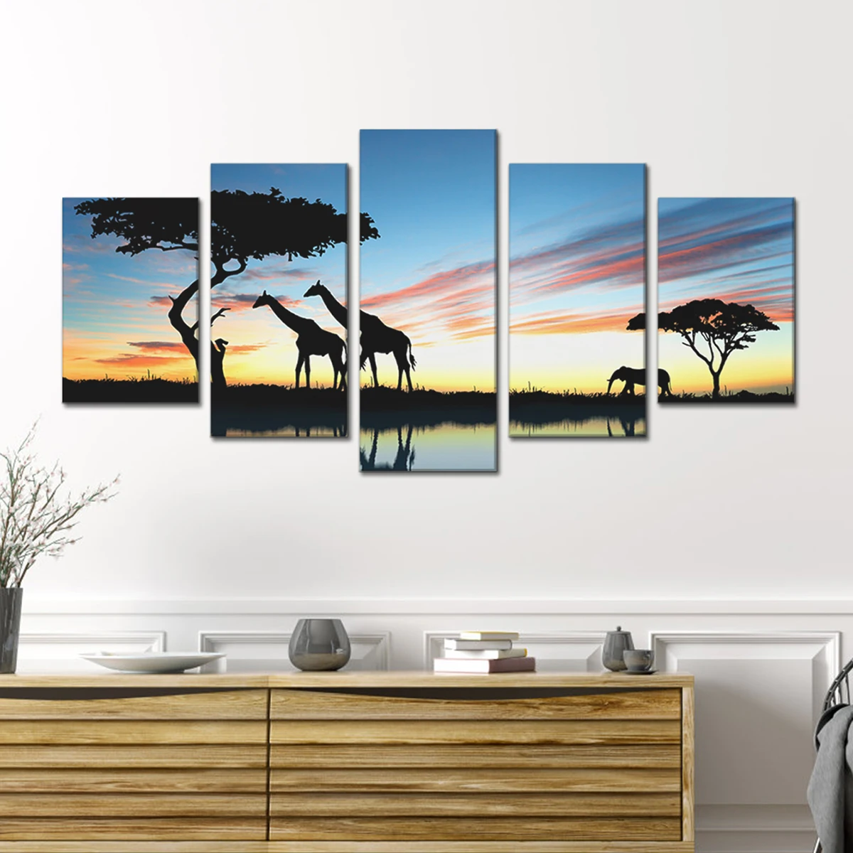 

African Savannah Landscape Posters 5 Pieces Giraffe Elephant Canvas Painting Modern HD Print Wall Art Pictures Home Decoration