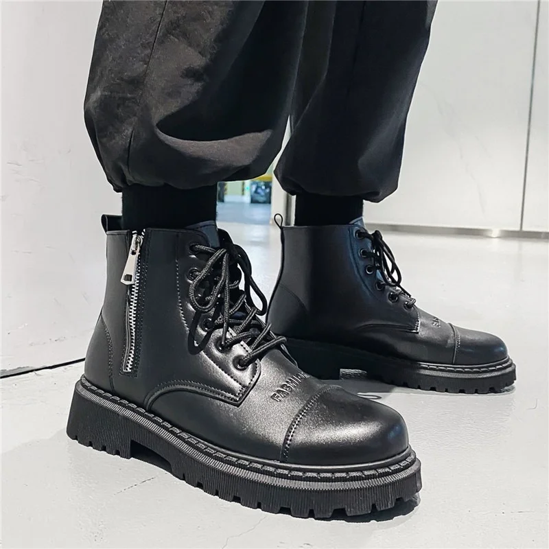 

British Men Martin Boots High-Top Korean Waterproof Tooling Boots All-Match Men Shoes Spring and Autumn Middle-Top Men's Boots