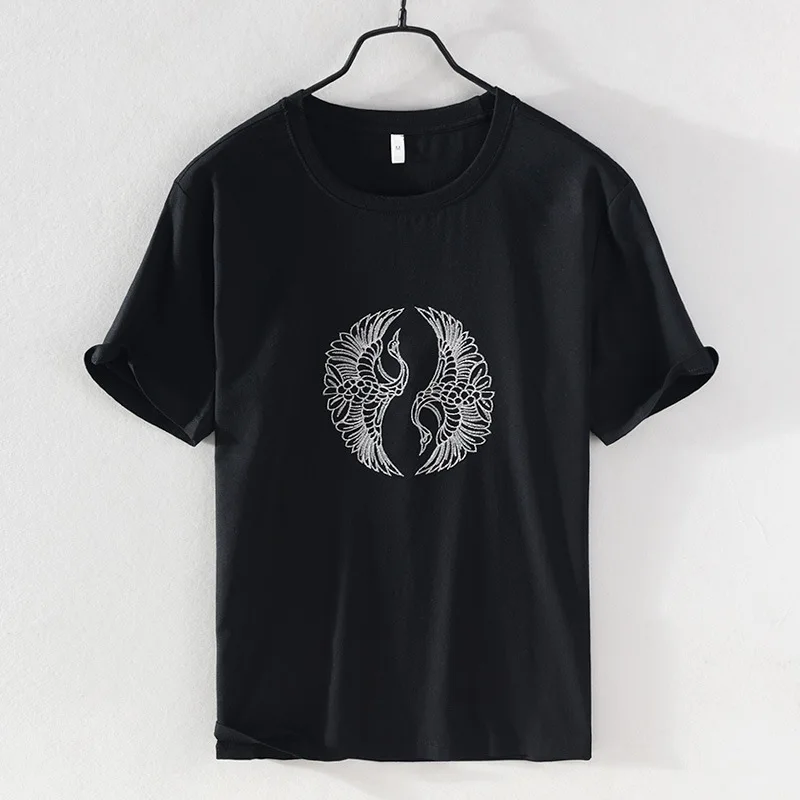 

Летняя мужская льняная футболка с вышивкой; Повседневные футболки с короткими рукавами и круглым вырезом Топ