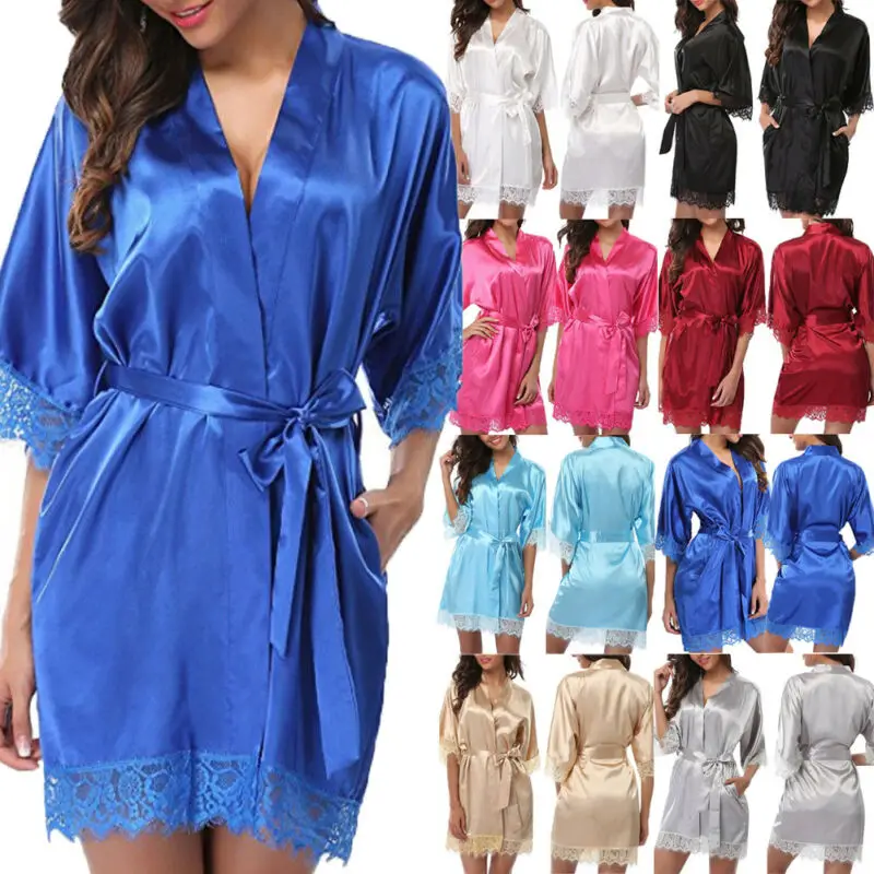 Новые женские шелковые кимоно халат кружевные атласные халаты пижамы для