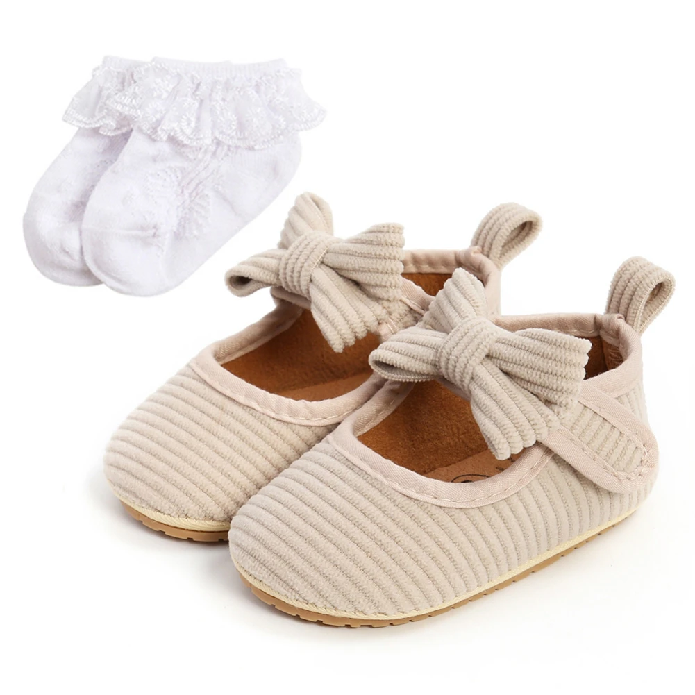 Baby Infant Non-Slip Soft Sole Cute Bowknot Corduroy Shoes Princess Wedding Toddler Girls Flats First Walkers with Socks 0-18M
