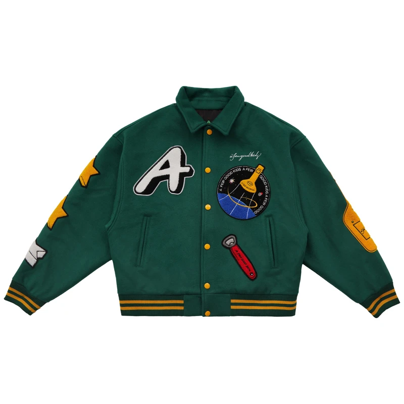 

Baseball Jacket Men Green Rocket Embroidered Patch Bomber Jacket College Style Harajuku Casual 2021 Loose Couple Streetwear