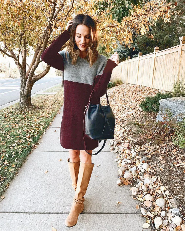 

2021 Neck Knit Splice Sweater Dress Fashion Loose Large Size Round Neck Long Sleeve Women's Elegant A-line Dress