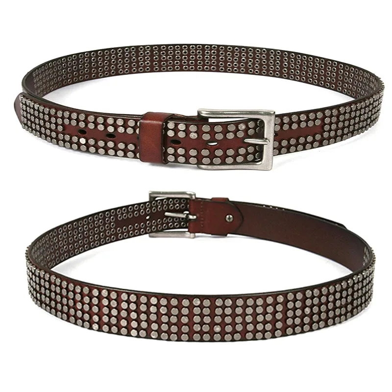 Женский металлический ремень с заклепками и пряжкой из натуральной коровьей