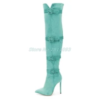 turquoise buckle boots pointy toe stiletto heel suede long boots over the knee zipper pointed toe solid fashon winter boots